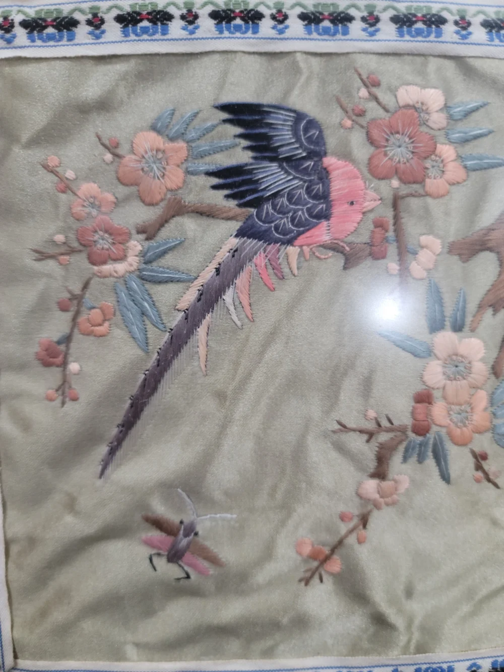 Vintage framed Asian silk embroidery panel Bird Floral Set Of 2